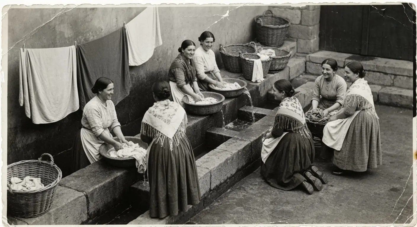 Grupo de mujeres lavando ropa en lavadero público tradicional